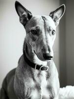 feliz galgo cachorro Preto e branco monocromático foto dentro estúdio iluminação