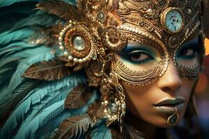 fechar-se tiro do uma carnaval artista vestindo a intrincado e ornamentado traje foto