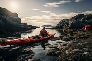 caiaque em a rochoso costa do a mar dentro a cedo manhã, vermelho caiaque e homem acampamento em costeiro rochas, ai gerado foto