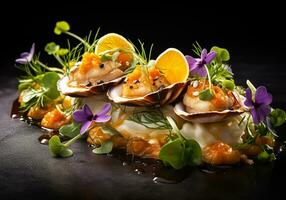 elegante frutos do mar prato dentro uma gourmet estilo. generativo ai foto