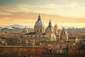 Roma Horizonte com santa maria della saudação Igreja às pôr do sol, Itália, Roma, Itália cidade visualizar, ai gerado foto