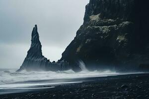 famoso Reynisfjara Preto areia de praia dentro Islândia. tonificado, Reynisfjara vik dentro Islândia é uma Preto areia de praia com enorme ondas, ai gerado foto