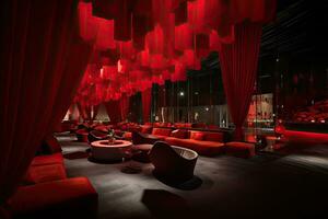 vermelho cortinas e cadeiras dentro uma luxo restaurante. 3d Renderização, vermelho vip clube interior com lindo iluminação, ai gerado foto