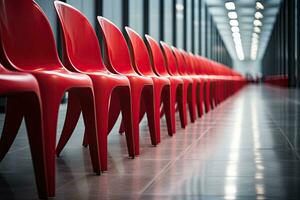 linha do vermelho cadeiras dentro esvaziar salão, raso profundidade do campo, vermelho cadeiras forrado acima dentro uma linha dentro uma sala, ai gerado foto