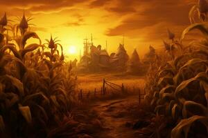 ilustração do uma milho campo às pôr do sol com a silhueta do a têmpora, lazer artístico do campo de milho com milho plantas às pôr do sol, ai gerado foto