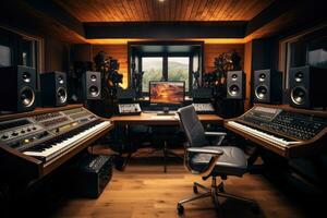 interior do uma gravação estúdio com profissional equipamento. música conceito, gravação estúdio com música edição equipamento, ai gerado foto