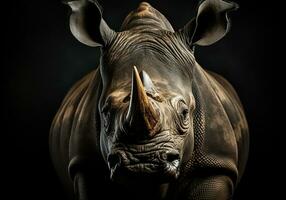 realista fechar-se retrato do uma rinoceronte em Sombrio fundo. ai gerado foto