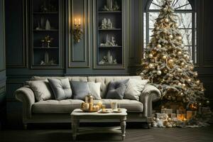 ai generativo, à moda interior do vivo quarto com decorado Natal árvore, luxo vivo quarto Novo ano foto