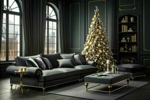 ai generativo, à moda interior do vivo quarto com decorado Natal árvore, luxo vivo quarto Novo ano foto
