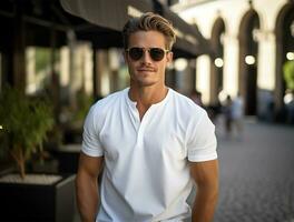 homens vestindo em branco camiseta ai gerado foto