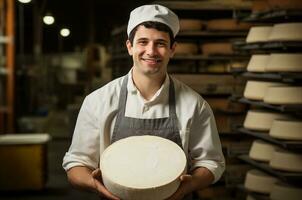 bonito homem queijo criador. jovem homem segurando uma cabeça do queijo. generativo ai foto