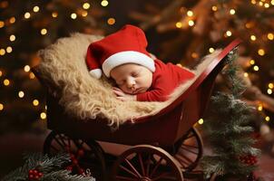 uma recém-nascido bebê dentro uma santa chapéu dorme dentro uma vime berço em rodas debaixo uma Natal árvore. generativo ai foto