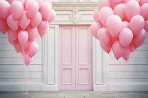 Rosa coração balões chegando Fora do porta. barbie core casa. Rosa casa. generativo ai foto