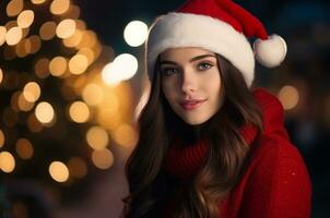 lindo menina vestindo santa chapéu para Natal. generativo ai foto