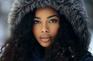Preto lindo encaracolado mulher dentro uma pele chapéu dentro inverno, mulher dentro a neve. generativo ai foto