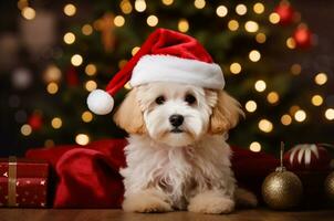 uma branco multipoo cachorro mentiras dentro uma santa chapéu perto vermelho Natal presentes em a fundo do uma Natal árvore com guirlandas. generativo ai foto