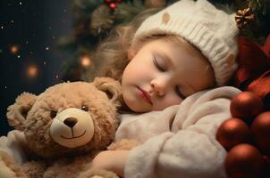 a menina estava assistindo santa perto a Natal árvore e caiu adormecido com dela Urso de pelúcia urso.. generativo ai foto