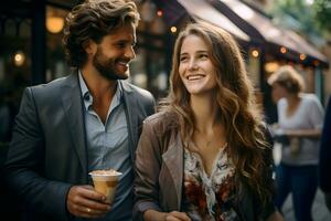 lindo sorridente casal amante cacasiano pessoas de negócio estão segurando café copo e sorridente juntos em rua dentro a cidade. ai gerado foto