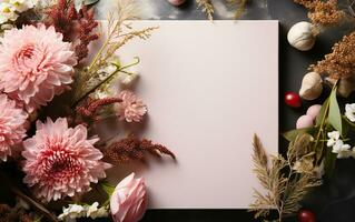 zombar acima branco em branco papel Folha com ramalhete colorida flores topo Visão floral modelo esvaziar cartão plano deitar. vintage cartão. ai gerado foto