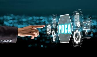 PDCA, plano Faz Verifica Aja conceito, o negócio pessoa mão tocante PDCA ícone em virtual tela,. foto