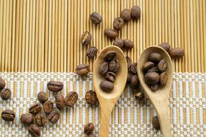 assado café feijões dentro de madeira colher e espalhar em tecido bambu descanso de mesa. isto é uma médio assado com médio intensidade café sabor. levemente doce e azedo, adequado para ambos quente e frio café. foto