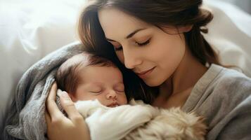 retrato bonita mulher segurando uma recém-nascido bebê , amoroso mãe carinho do dela recém-nascido bebê dentro dela braços foto