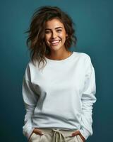 jovem mulher sorridente vestindo suéter isolado foto