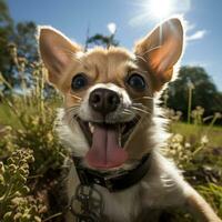 uma cenário do fofa chihuahua cachorro jogando dentro a jardim em uma ensolarado dia generativo ai foto