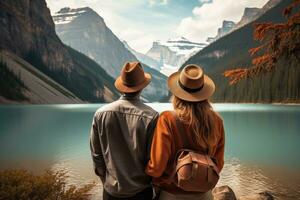 casal olhando às uma lago dentro geleira nacional parque, montana, EUA, traseiro Visão do Viajantes casal olhando às a montanha lago, ai gerado foto