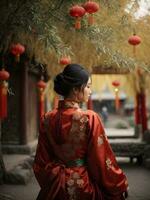 ásia mulher dentro vermelho vestir cheongsam dentro têmpora para chinês Novo ano. foto