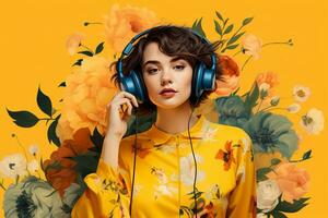 uma mulher com fones de ouvido e amarelo fundo foto