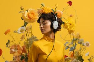 uma mulher com fones de ouvido e amarelo fundo foto