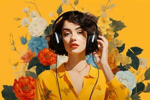 uma mulher com fones de ouvido e amarelo fundo foto