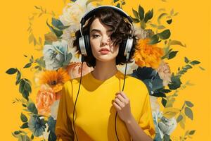 uma mulher com fones de ouvido e amarelo fundo foto