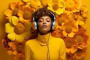 uma mulher com fones de ouvido e amarelo fundo foto