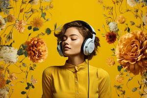 uma mulher com fones de ouvido e amarelo fundo foto