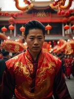 ásia homem dentro vermelho vestir cheongsam dentro têmpora para chinês Novo ano. foto