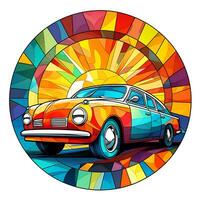 uma Visão do uma carro dentro uma círculo do colorida manchado vidro ilustração Projeto foto