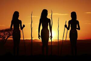 silhueta do uma mulher com lança dentro a deserto às pôr do sol, silhuetas do africano aborígenes às pôr do sol. fêmea tribo membros dentro deserto paisagem, ai gerado foto