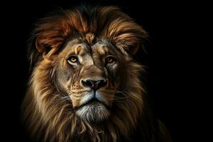generativo ai ilustração do uma leão rei isolado em Preto fundo foto