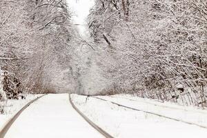 um velho bonde se movendo por uma floresta de inverno foto