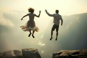 casal pulando dentro a ar a partir de a Beira do a montanha. gerar ai foto