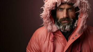 retrato do uma bonito barbudo homem masculino explorador dentro uma Rosa Jaqueta com uma de capuz e congeladas face com neve. muito baixo temperatura desgasta caloroso jaqueta. foto