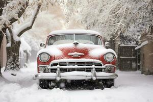 ai gerado retro vermelho carro em pé dentro montes de neve dentro uma neve tempestade inverno clima foto