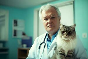 ai gerado retrato do masculino veterinário médico dentro branco casaco com estetoscópio e fofo gato dentro veterinário clínica Cuidado e amor animais de estimação foto
