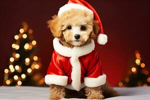 ai gerado fofa cachorro brinquedo poodle cachorro cachorro vestido dentro santa chapéu e terno em vermelho fundo perto Natal árvores cumprimento cartão cumprimento cartão Novo ano feriados foto