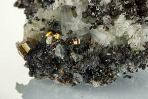 macro mineral pedra quartzo galena pirita em uma branco fundo foto
