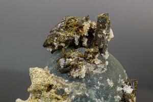 macro mineral pedra prehnita em epídoto em uma cinzento fundo foto