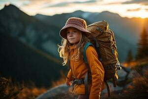 pequeno menina com mochila caminhada em montanha pico às pôr do sol, viagem e aventura conceito ai gerado foto