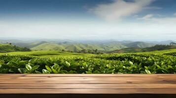 ai gerado uma de madeira mesa com uma verde chá campo, montanhas, lindo azul céu Como a fundo perfeito para bebidas e cuidados com a pele produtos anúncios. foto